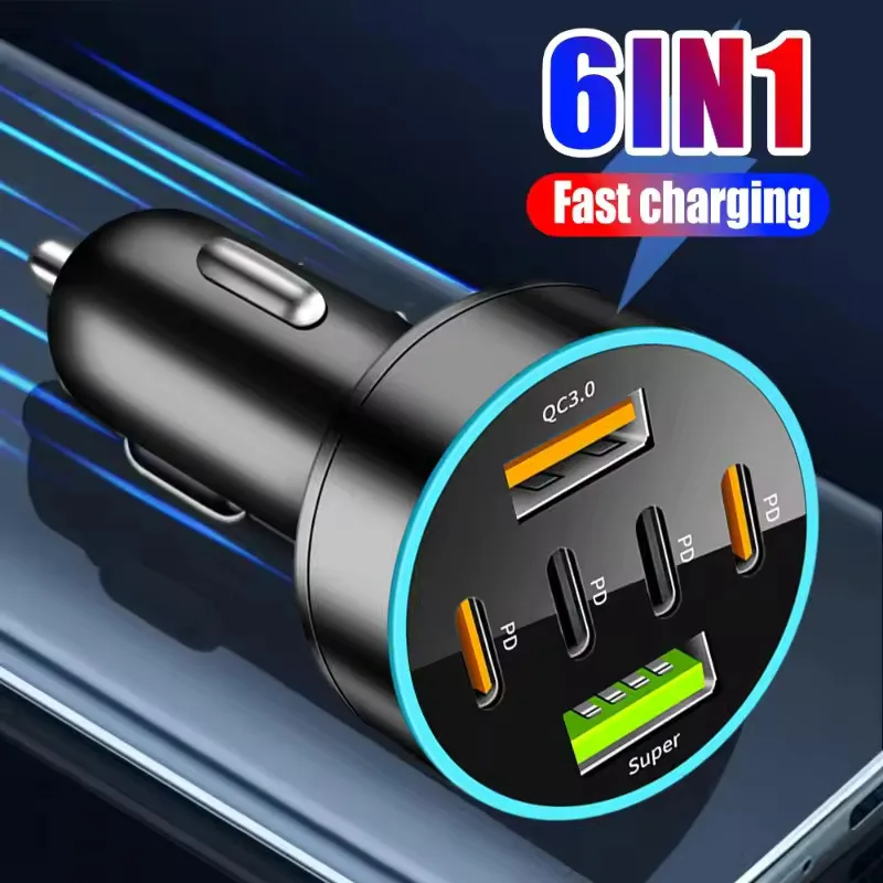 6 Ports PD Auto Ladegerät Zigarette Leichter Schnelle Lade PD QC 3,0 USB C Auto Telefon Ladegerät Adapter Für iPhone Samsung Huawei Xiaomi