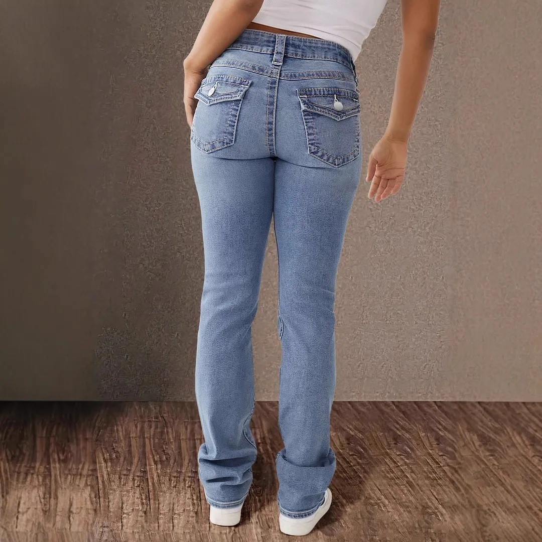 

Jeans Denim Pant Women Long Pants Bodycon Button Pocket Splice Straight Trousers Solid Y2k Blue Mom Mid Waist Slim Streetwear