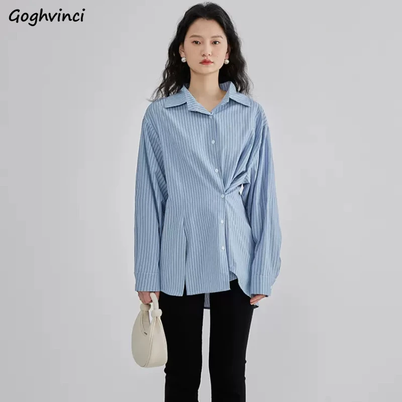 

Striped Loose Shirts Women Long-sleeve Side-slit Casual Tops Stylish All-match Vintage Streetwear Elegant Gentle Youthful Chic