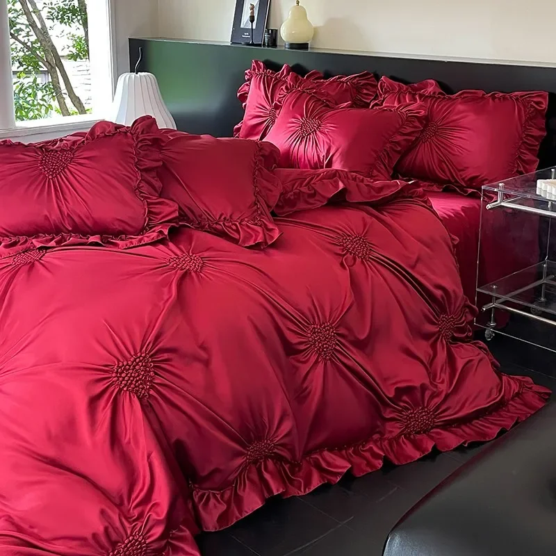 1000TC Egyptian Cotton Chic Heart Pinch Pleated Duvet Cover Wine Red Wedding Bedding set Comforter Cover Bed Sheet Pillowcases