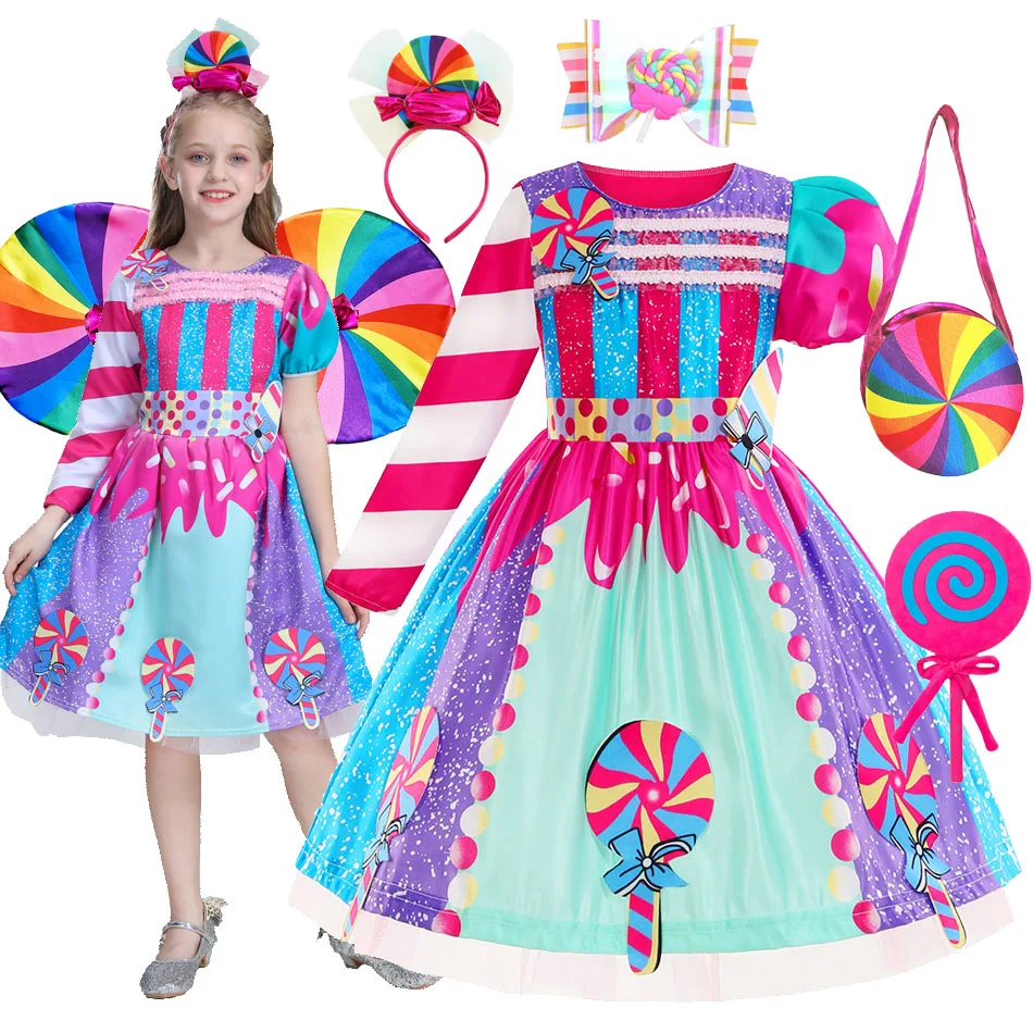 Girls Birthday Lollipop Fantasy Dress Children Carnival Rainbow Candy Costume Princess Party Frock The Festival of Purim