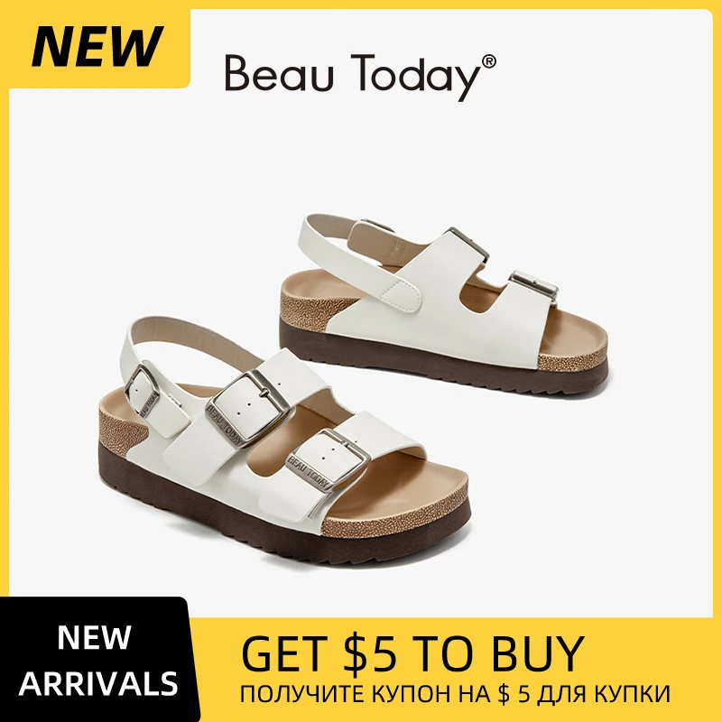 BEAUTODAY Basic Sandals Women Split Leather Open Toe Buckle Strap Ladies Casual Outdoor Flat Shoes Handmade 34602