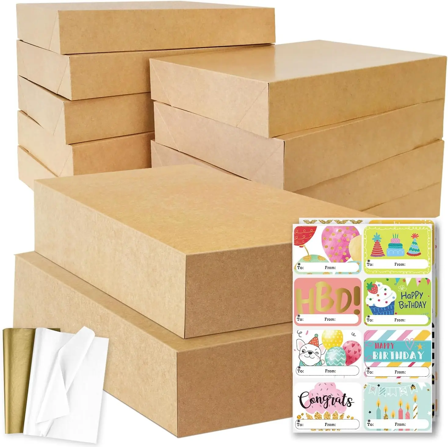 

12 больших подарочных коробок из крафт-бумаги с крышками, 12 листов папиросной бумаги и 80 бирок для разных случаев.