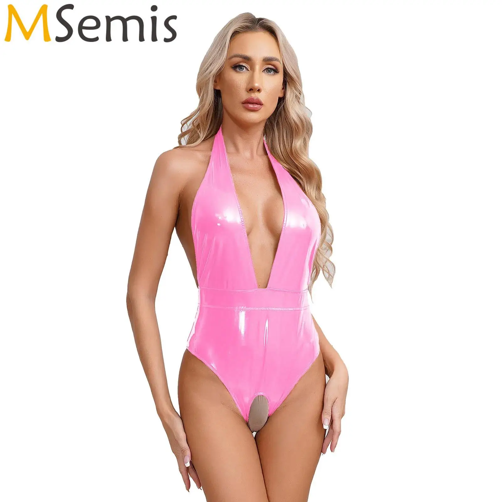 

Womens Lingerie Sleeveless Bodysuit Deep V Neck Crotchless Wet Look Patent Leather Clubwear Leotard Backless Catsuit Costume