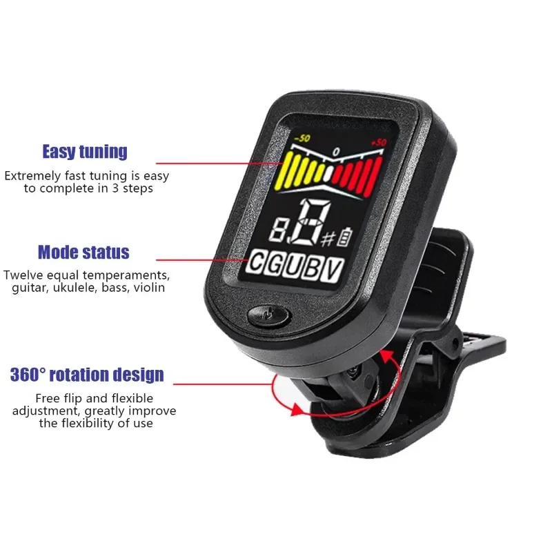 Rechargeable Clip On Guitar Tuner 360° Rotatable Color LCD Screen Chromatic for Guitar Bass Ukulele Violin