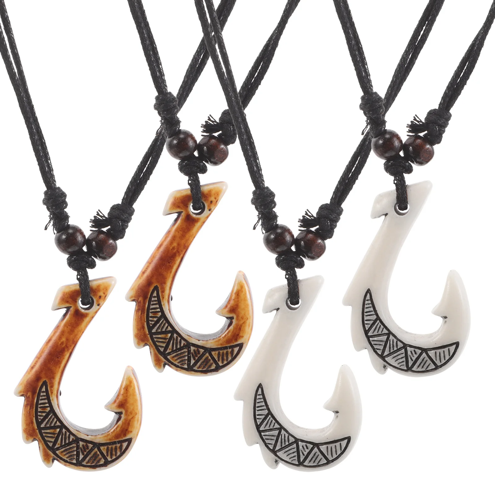 

4Pcs Fish Hook Necklace Ethnic Resin Pendant Tribal Style Indigenous Jewelry Travel Souvenirs Daily Wear Fashion