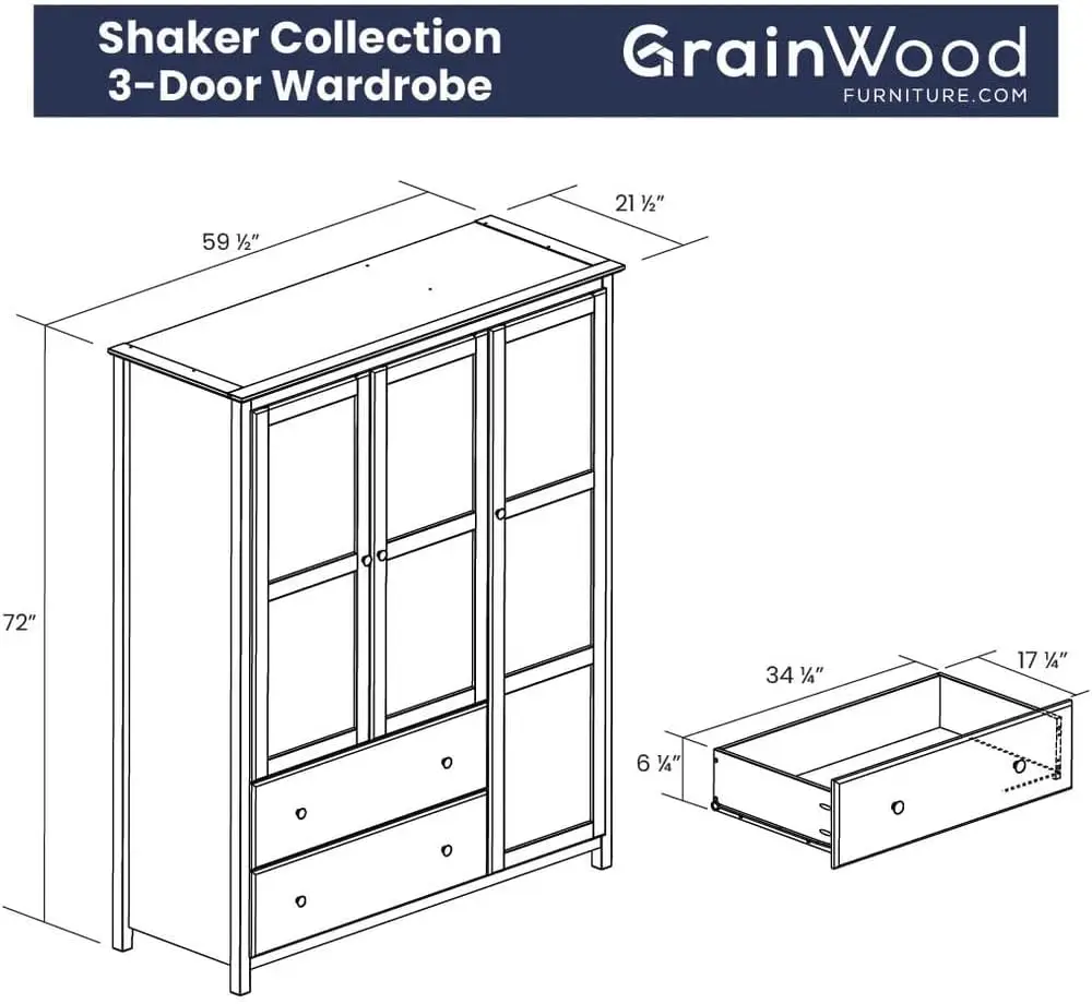 Shaker 3-Door Wardrobe, Solid Wood with Cherry Finish