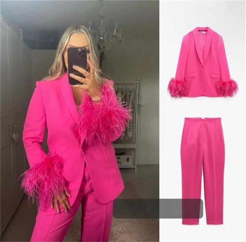 Barbiecore Pink Women Suits Pants Set 2 Pcs Luxury Ostrich Feather Jacket Tailored Fashion Party Prom Dress Женский костюм