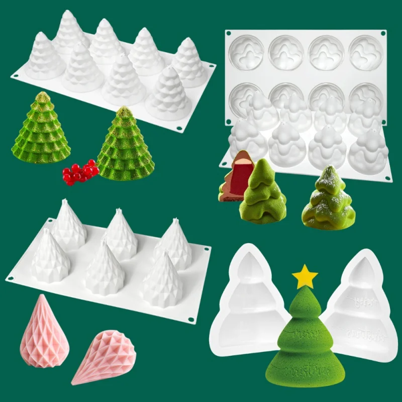 Christmas 8 Snow Tower Snow Treasure  Tree Mousse Mold Stereo Rhinestone  Cake Silicone Baking Mould