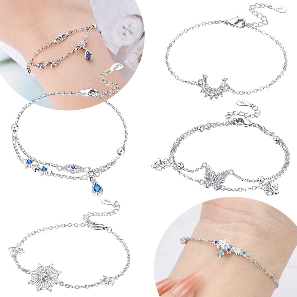 

Оригинальный браслет-бабочка из серебра 925 пробы, синего цвета с цирконием и цирконием, женская цепочка на руку со звездой и луной, аксессуар на годовщину, прекрасный подарок