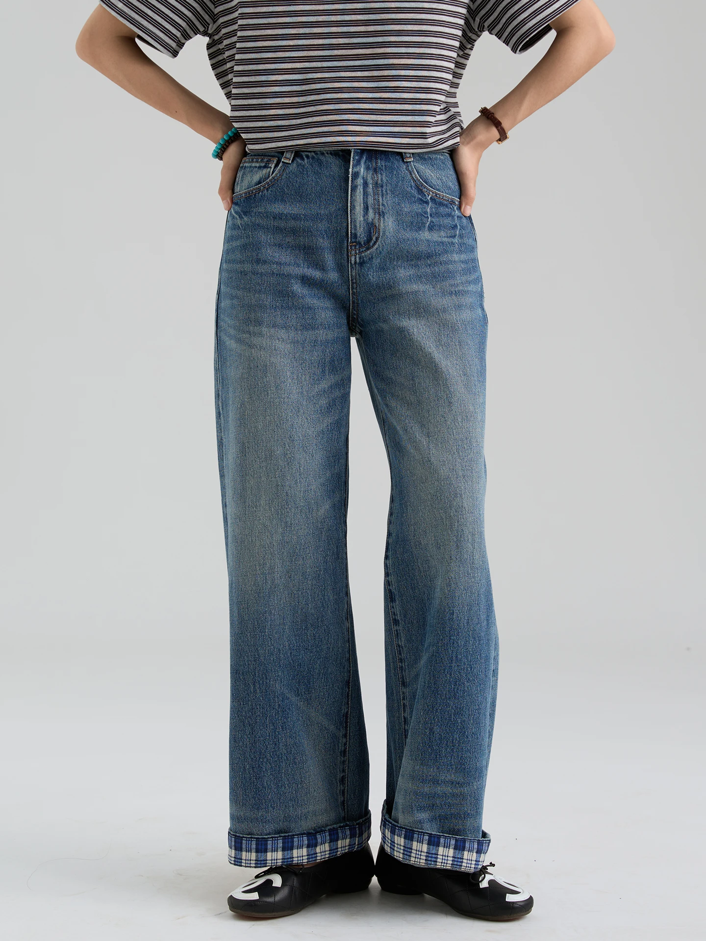 

High Waist Plaid Casual Women's Jeans Dwind Spring New Sle Straight Leg Long Pants Slimming Effect Cotton Fabric