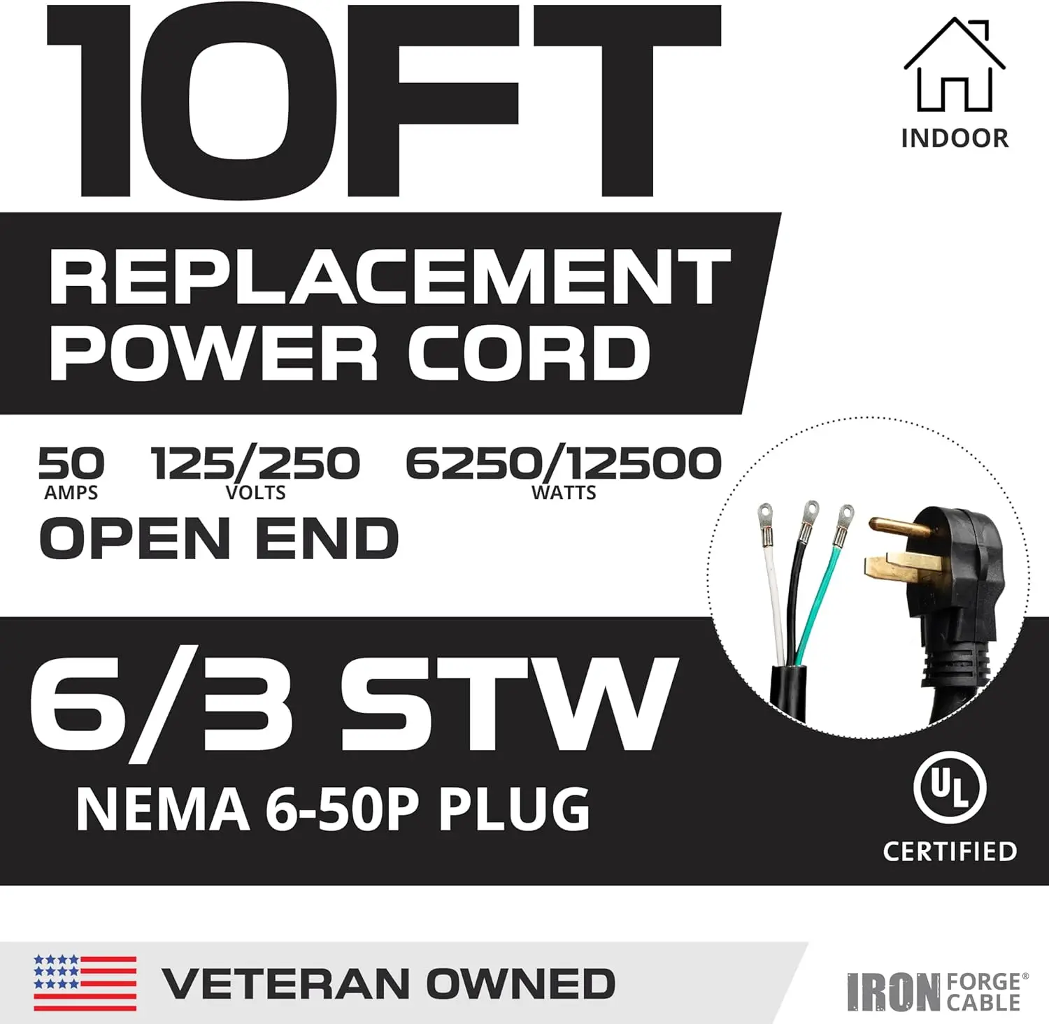 NEMA EV extension cable 10 ft, open, 50 amp power cord with hole 3 wire 6/3 table replacement cable with NEMA 6-50 plug STW 250V