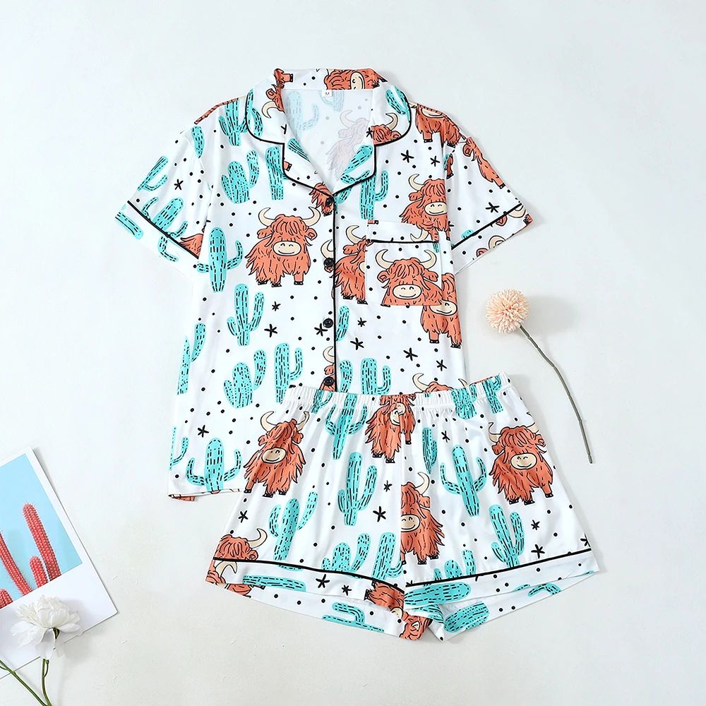 

2Pcs Animal Print Pajama Set comfortable Button Down short sleeve Elastic Waist Circumference Shorts Casual Women's Loungewear