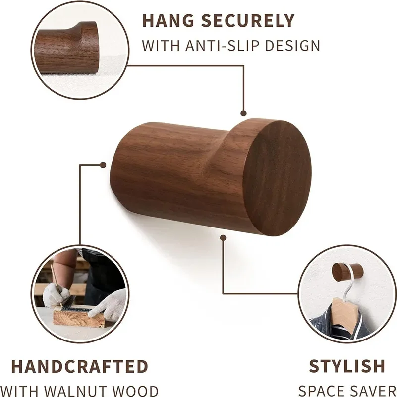 5pcs Walnut Wooden Wall Hooks Non-slip Hook For Coats Bags Hats Key Hanger With Screws Kitchen Bathroom Decor Organizer Hooks view 5
