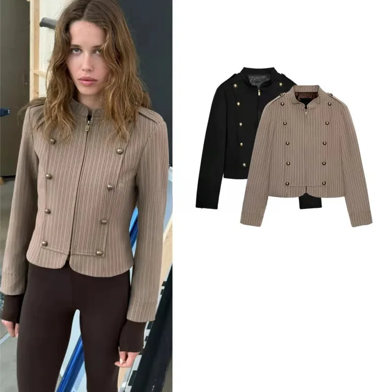 

Long Sleeve Round Neck Blazer Button Detail Zipper Front Cropped Slim Fit Vintage Street Jacket Spring Autumn