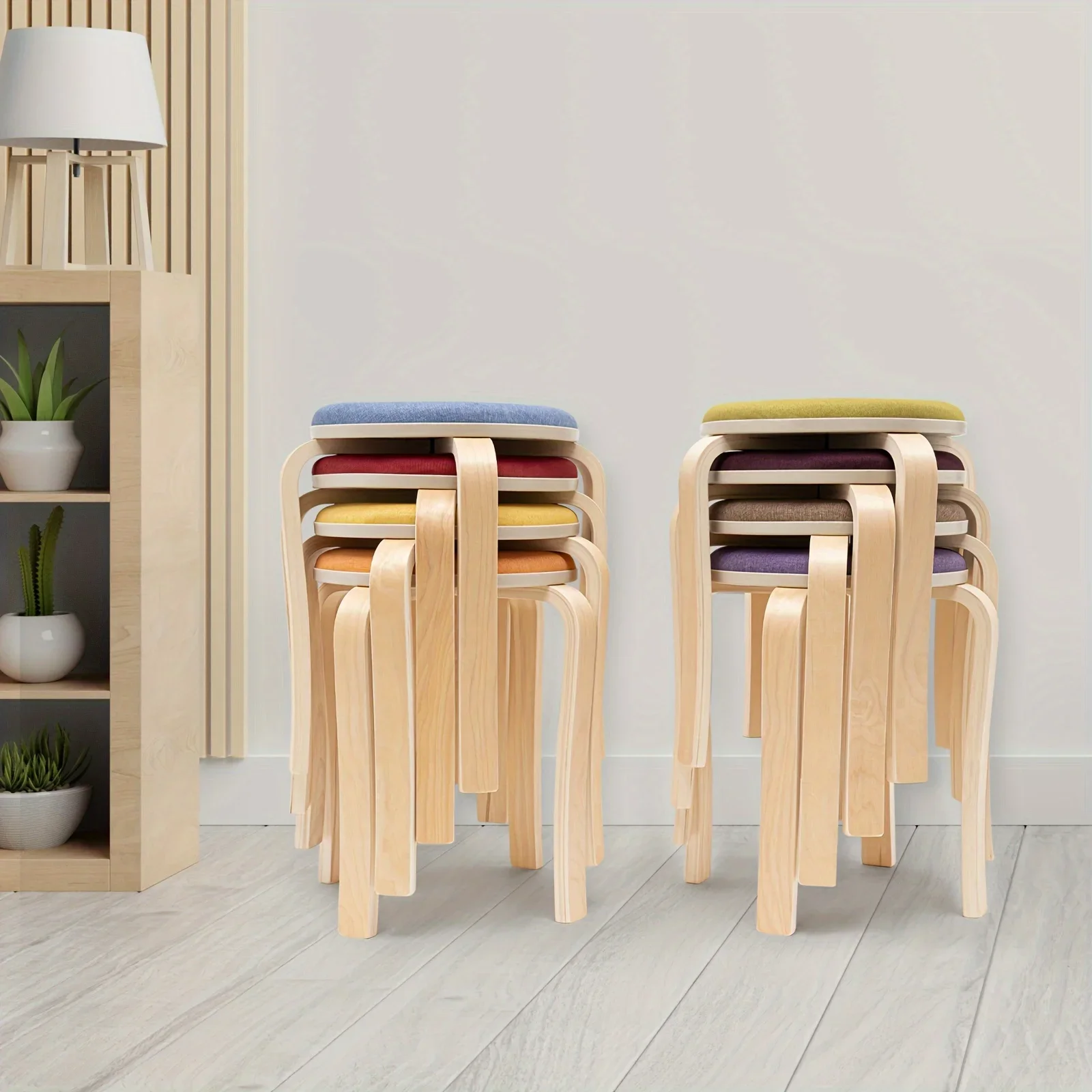 

8 Pack Stackable Wooden Stools Round Space Saving Natural Finish Multi Use for Home Restaurant Cafe