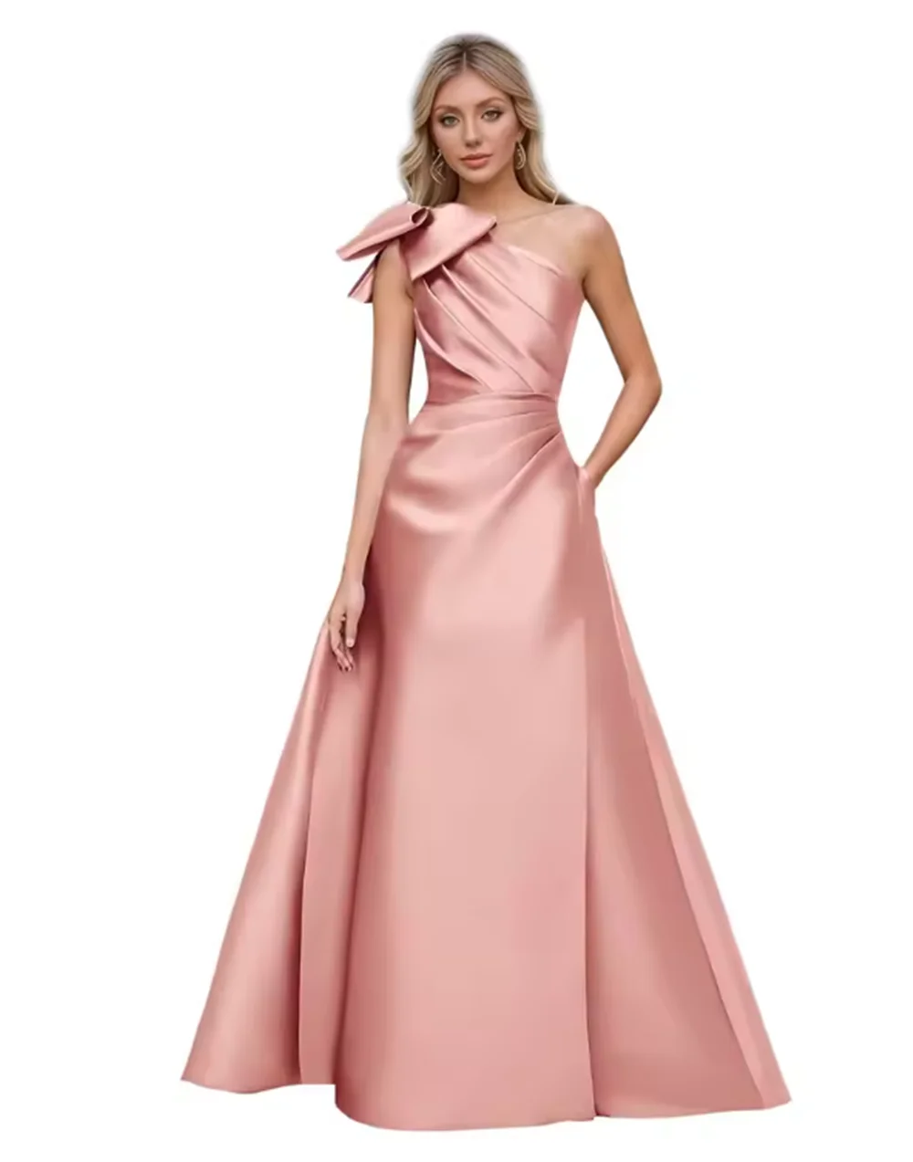 Women’s One Shoulder Prom Dresses Satin Mother of The Bride Dresses A Line Modest Formal Evening Gown with Bow