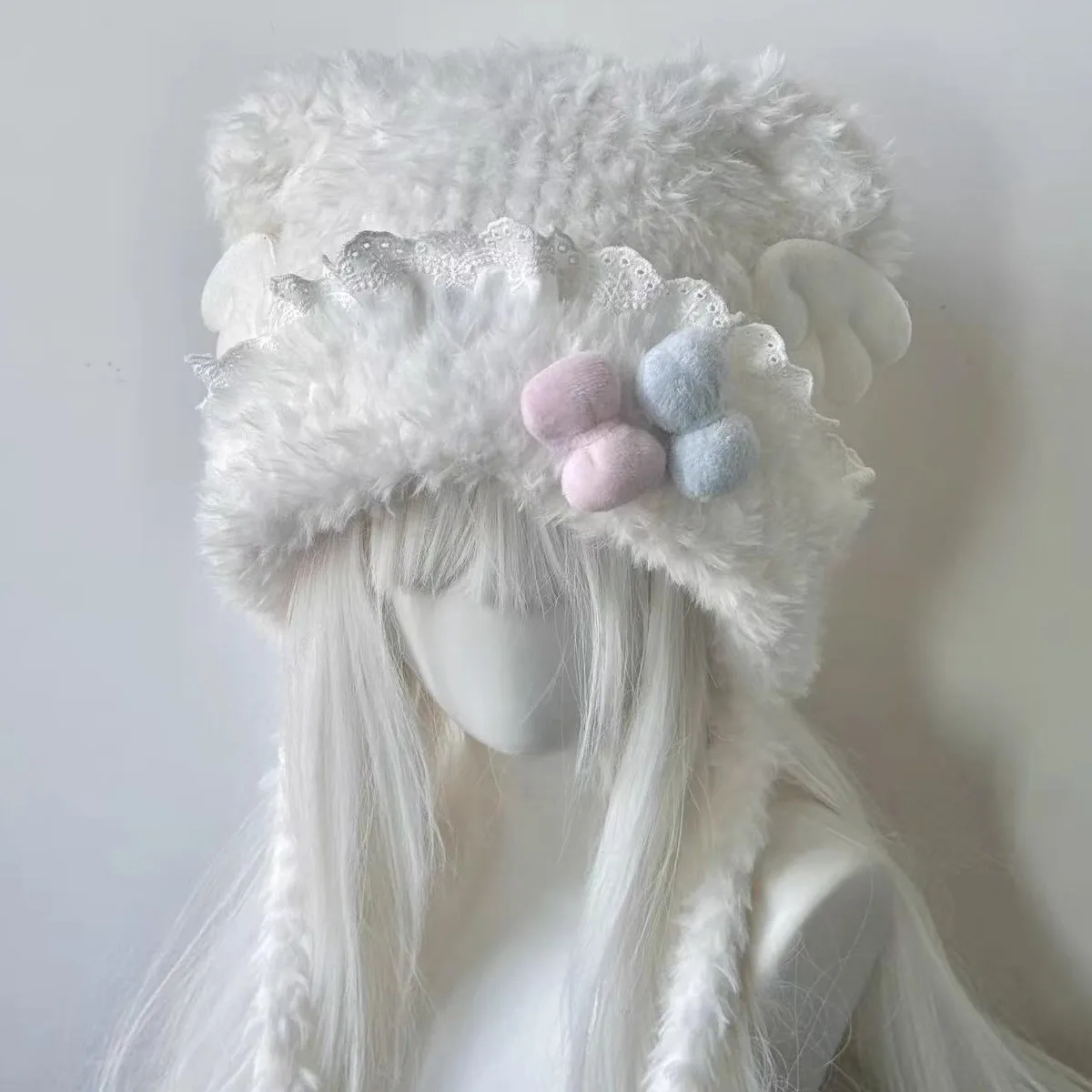 Pink and blue bow-knotted lace trimmed bear-shaped hat for women, a soft and cute winter warm-keeping ear-protection hat. - view 4
