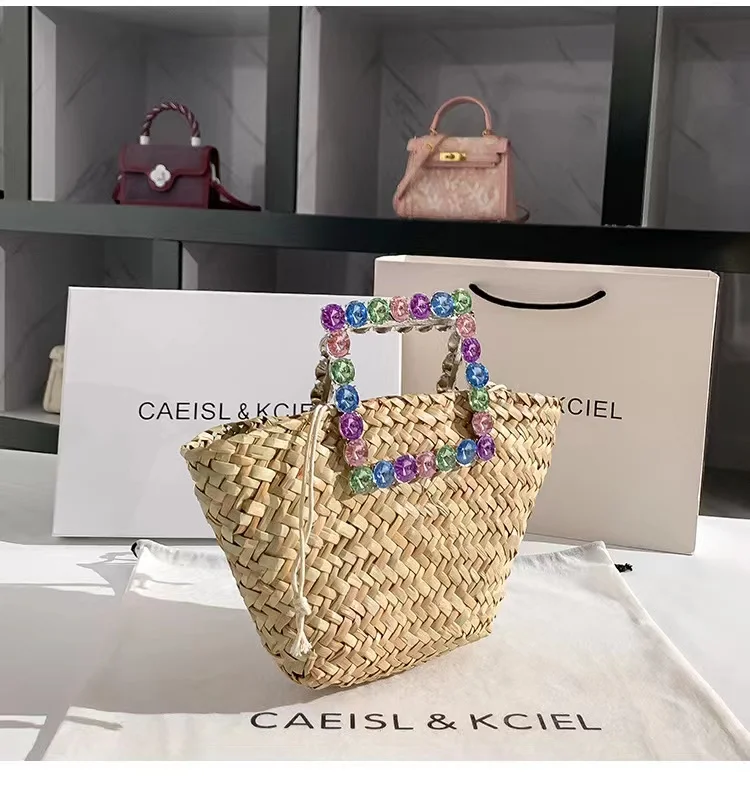 Summer Straw Woven Handmade Handbag Women Bucket Bag Crystal Shiny Rhinestone Diamond Tote Bag Female Holiday Vacation Beach Bag