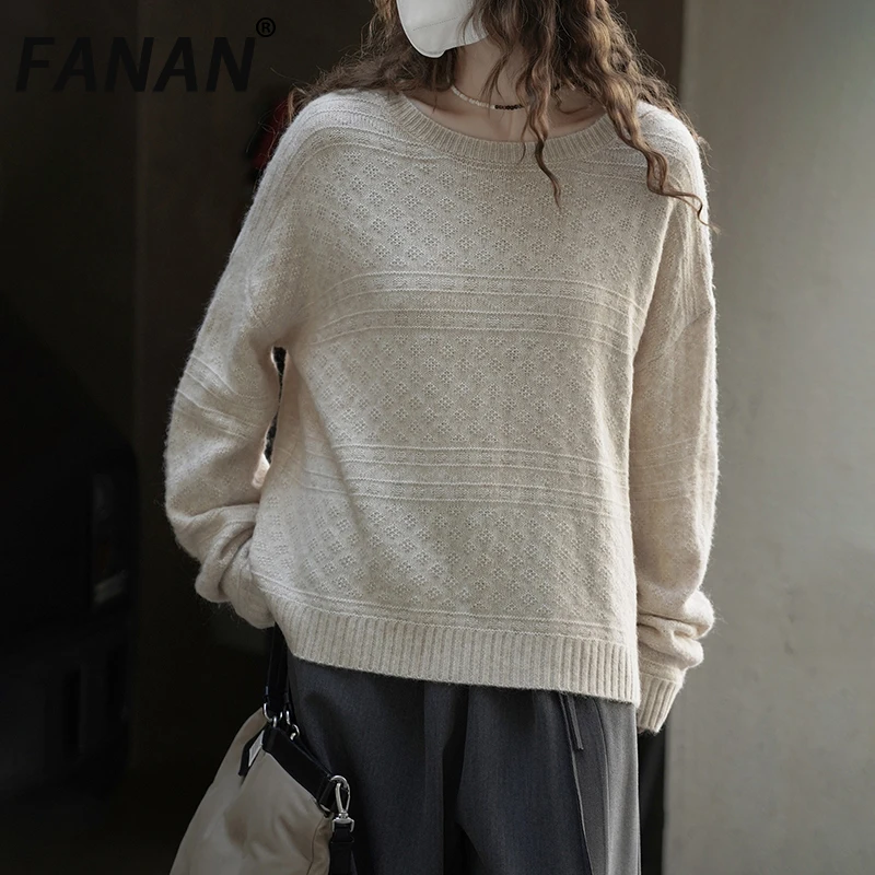 

FANAN Korean Style Wool Knitting Pullover Sweater For Women Round Neck Long Sleeve Office Lady Tops Fashion 2025 Autumn New