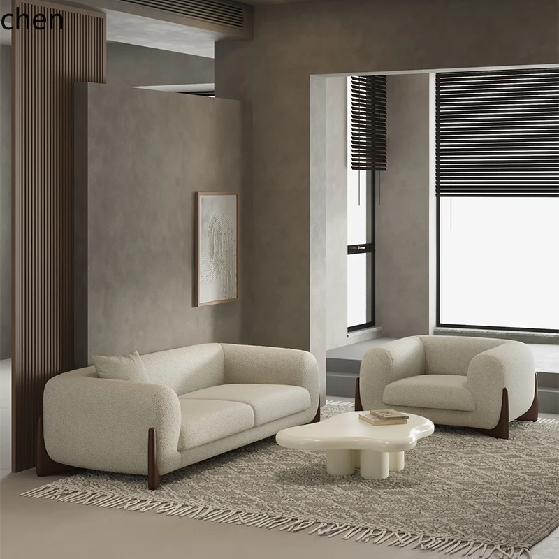 PYH sofa small apartment living room log furniture style straight row three-person lamb fleece sofa