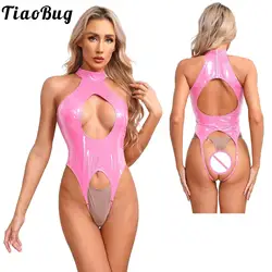 Wetlook Sexy Women Latex Leather Bodysuit Open Chest Butt Teddies Lingerie Harness Halter Crotchless Catsuit Jumpsuit Clubwear