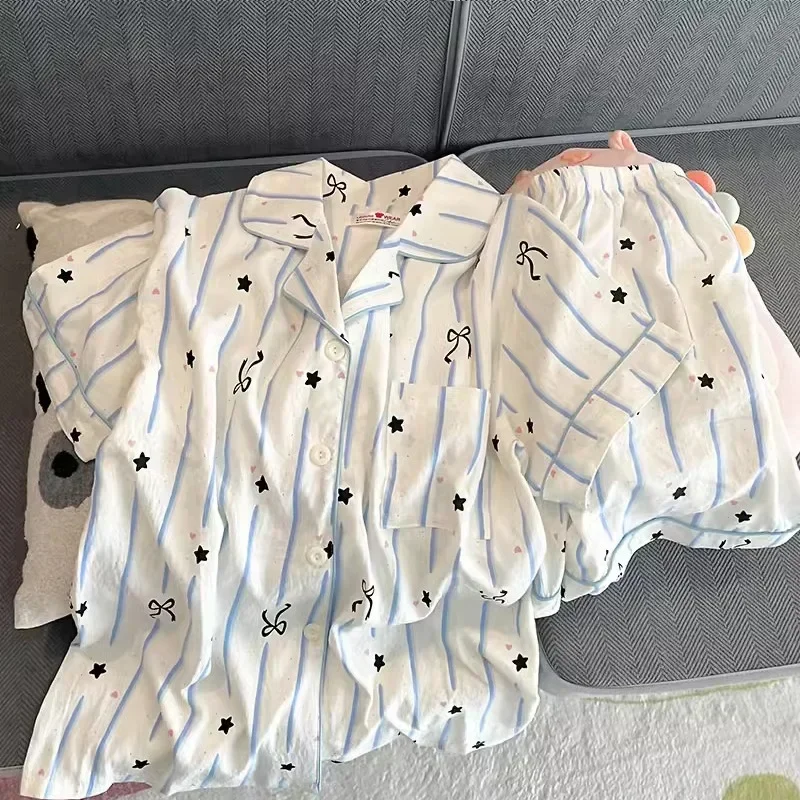 2025 New Cardigan Homewear for Women Summer Sweet Sleepwear Short Sleeves Shorts Nightwear Young Girl Pjs Pyjamas Mujer