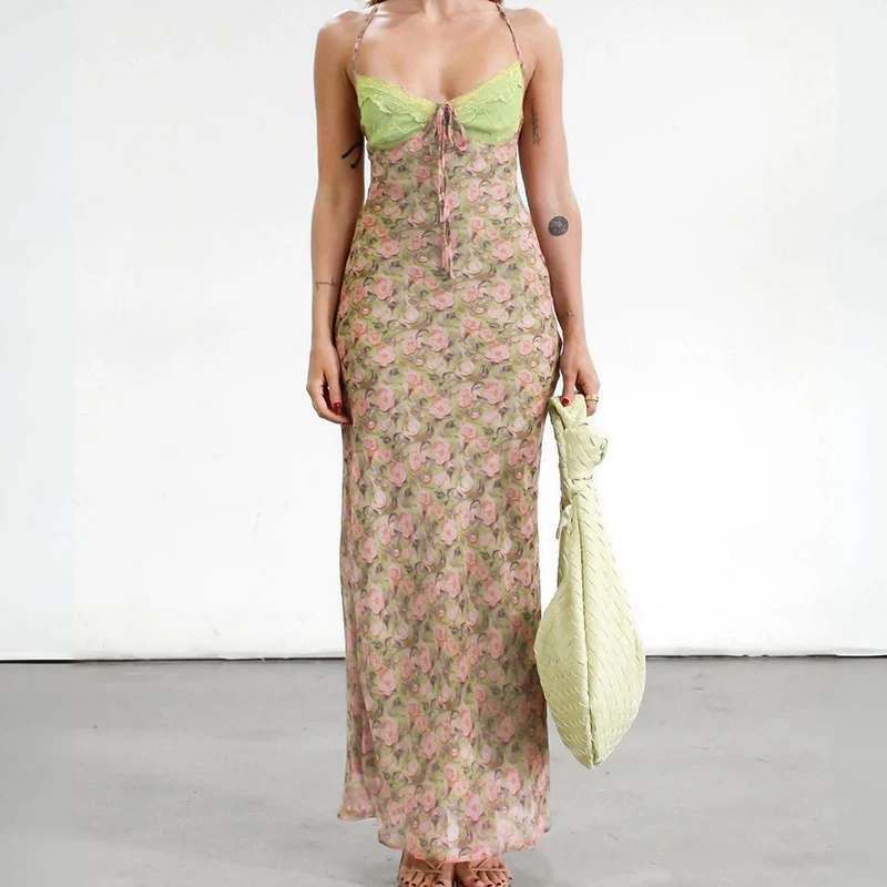 Sexy Spaghetti träger ärmellose Vintage Low Cut Kleid Frauen Blumen druck Schnür Party Nachtclub Strand Sommerkleid 2024 Sommer