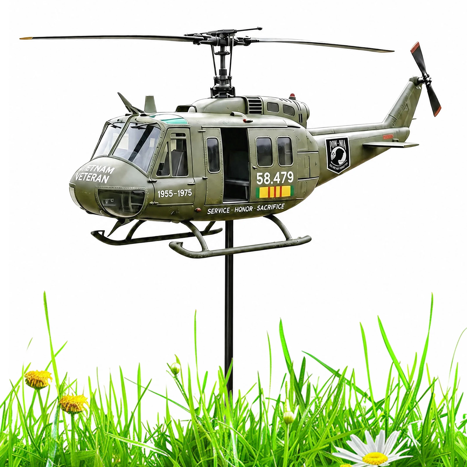 Metal Patriotic Helicopter Windmill Stake w/ Spinning Propeller Outdoor Airplane Sculptures Ornament Decor for Garden Lawn Gift