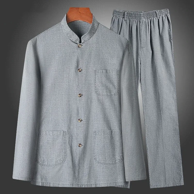 Chinese Style Men Summer Linen Stand Collar Long Sleeve Shirt Loose Tang Top For Elderly Dad Grandpa Daily Casual Wear
