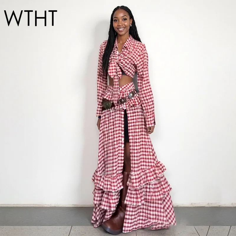 

WTHT New Fashion Women's Cartoon Print Plaid Bandage Shirt Single Breasted High Waist Skirts Female 2025 Summer 1LS2294
