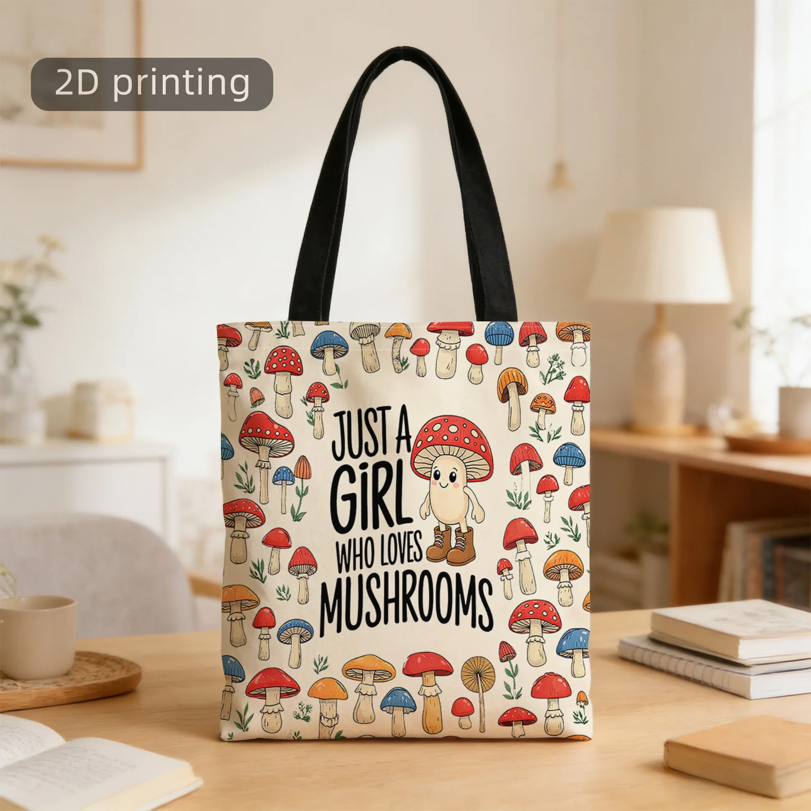 

A Tote Bag Featuring a 2D Print of a Mushroom Pattern with a Cheerful Character, Designed to Be Cute And Nature-Themed