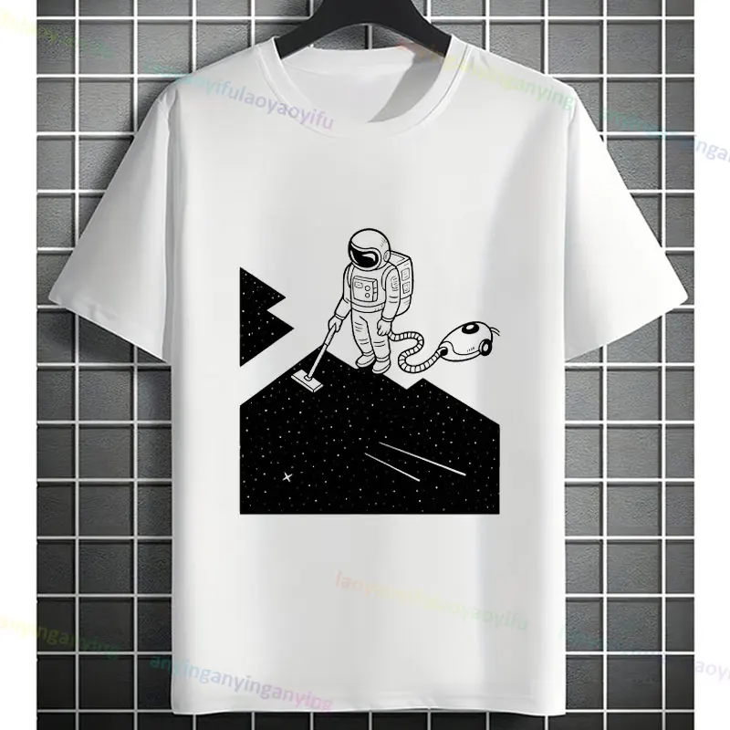 Funny Astronaut & Vacuum Cleaner Space Graphic T-shirt Short Sleeve 100% Cotton Round Neck Humor Style Casual Fashion T-shirt