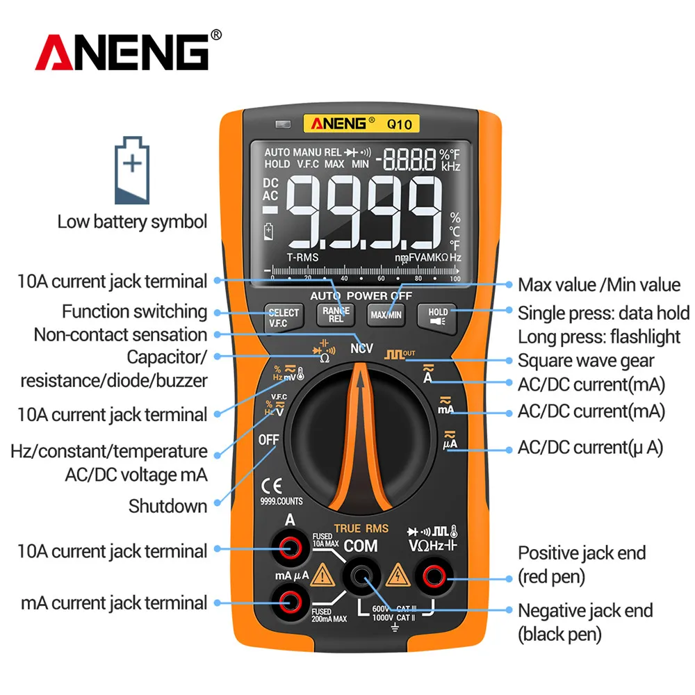 ANENG Q10 9999 Counts Digital Professional Multimeter True RMS Voltmeter Ammeter Electric Ohm Hz Diode Tester for Electrician