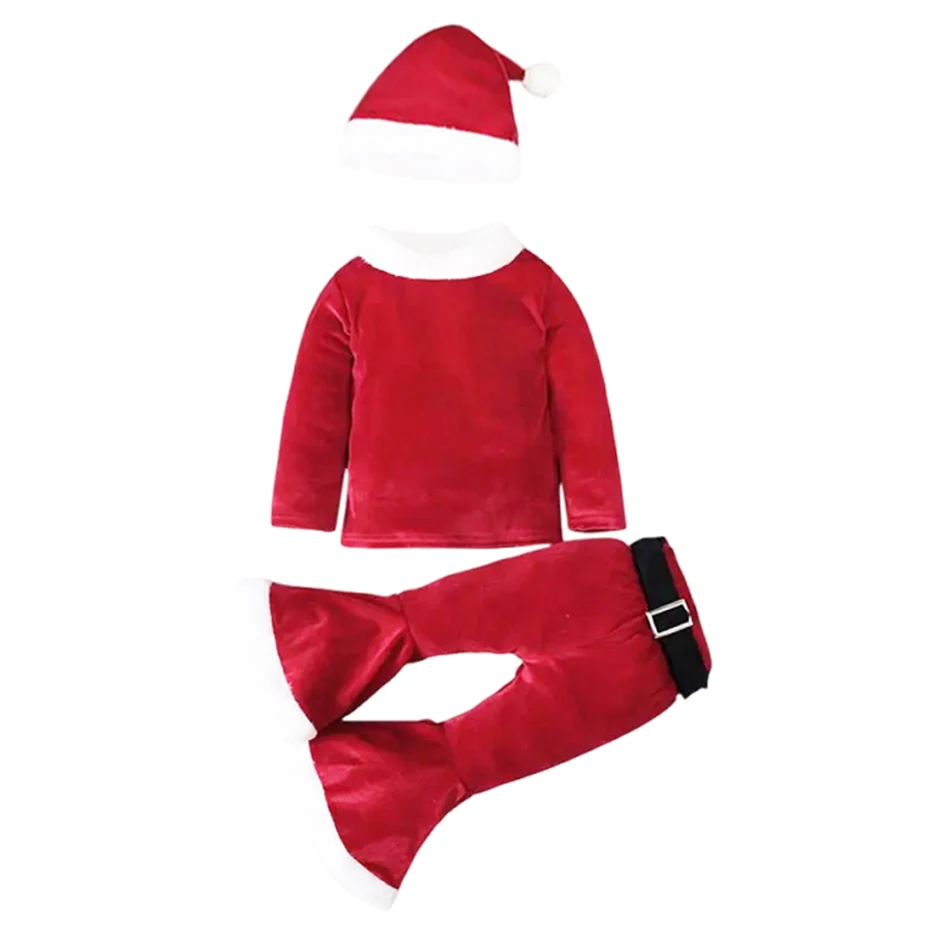 Girls Christmas Bell Bottom Set Costume Festival Santa Clause New Year Kids Clothing Set With Hat Fancy Xmas Party Outfit