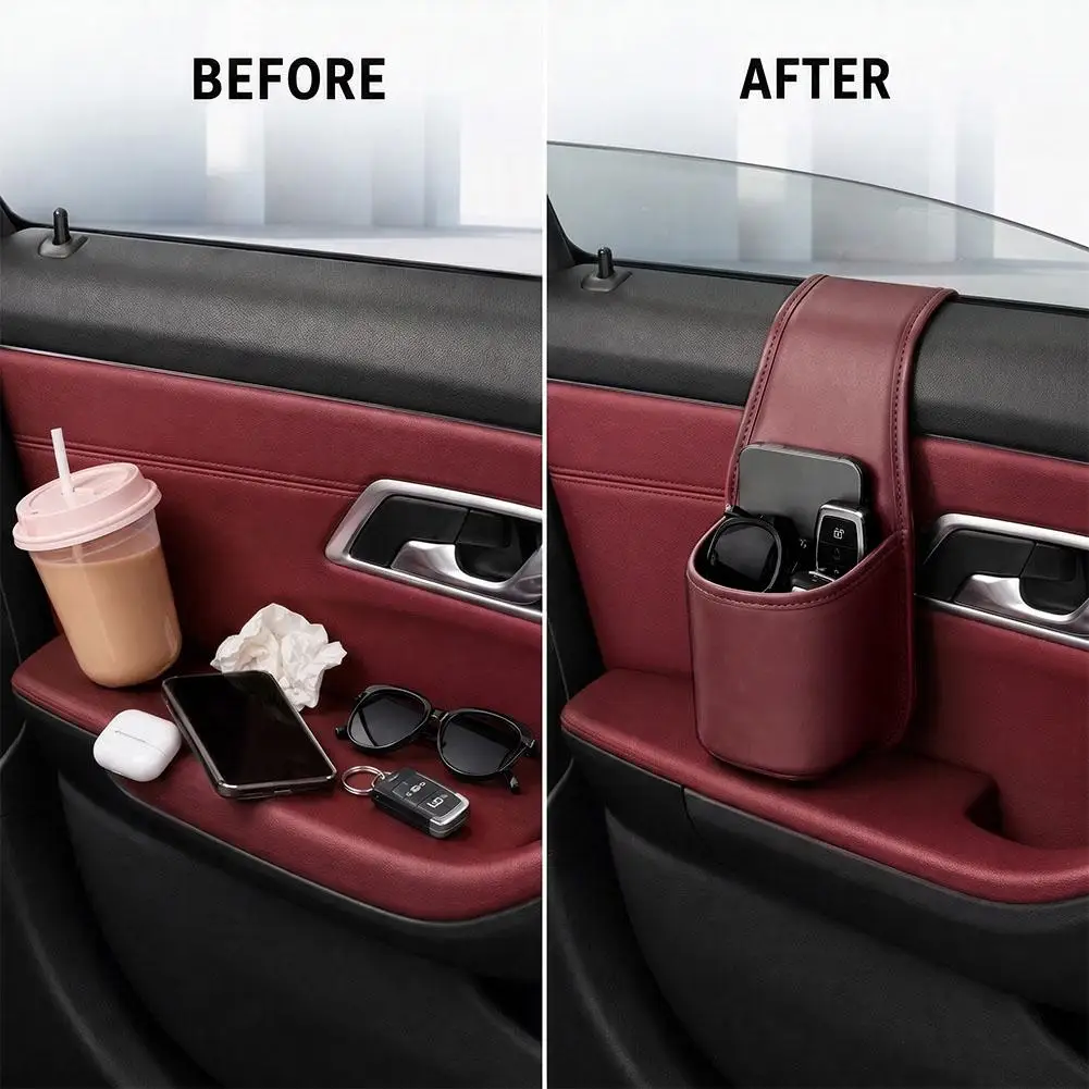 Car Door Side Storage Bag Multifunctional PU Leather Car Organizer Holder for Phone Water Cup,Auto Hanging Storage Pouch