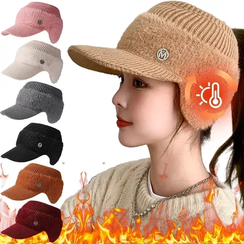 Autumn Winter Fashion Hats for Women Winter Warm Knitted Fleece Hat Ladies with Earflaps Hats Empty Top Baseball Cap for Female