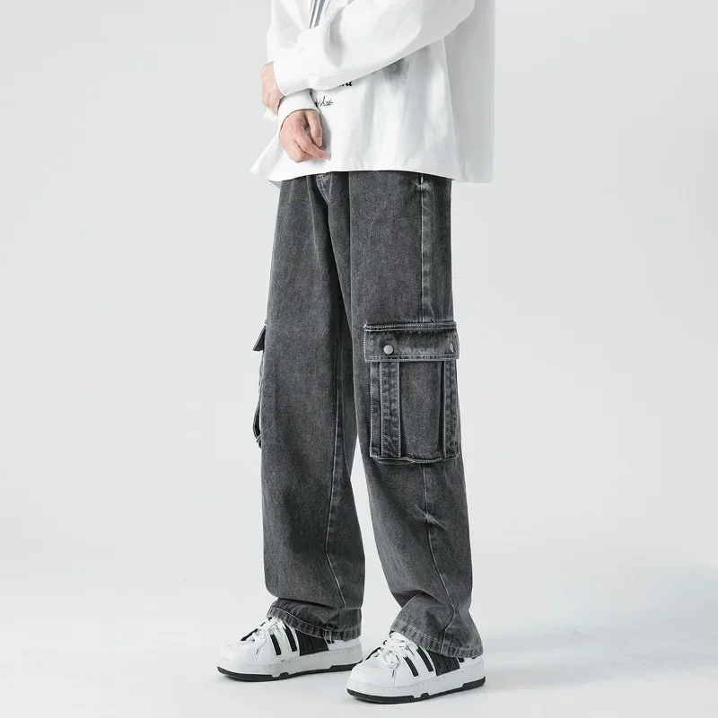 

Autumn New Men's Denim Wide-leg Pants American Baggy Cargo Jeans Ins Multi-pocket Vintage Streetwear Trousers Grey Blue