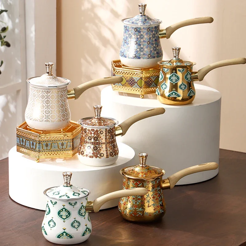 Stainless Steel Turkish Coffee Pot with Long Handle and Lid Chocolate Butter Milk pot Small Complementary Food Pot For Kitchen