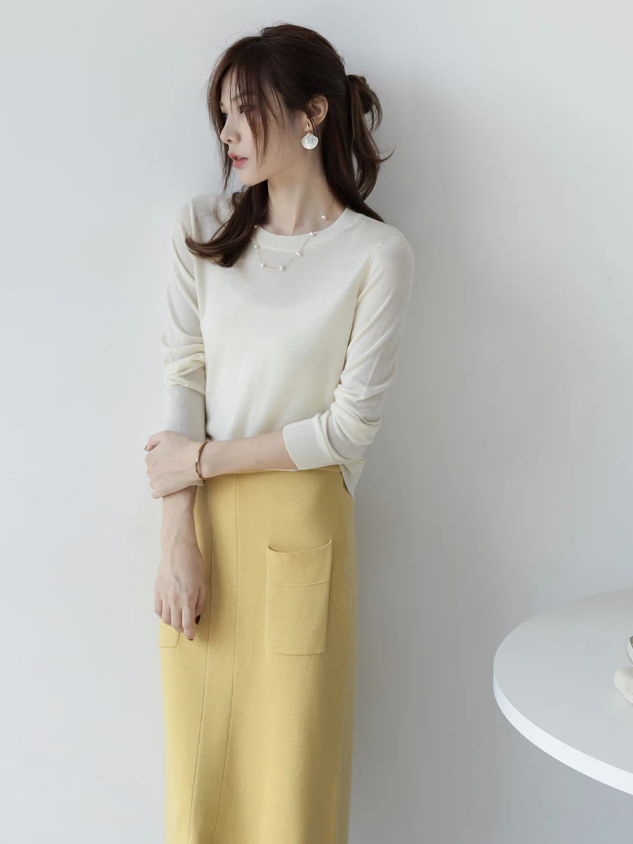 

Soft Woolen Knitted Sweater Women's Fine 00 Wool Versatile Ele Top MZOMXO Commute Sle Long Sve Regular Fit