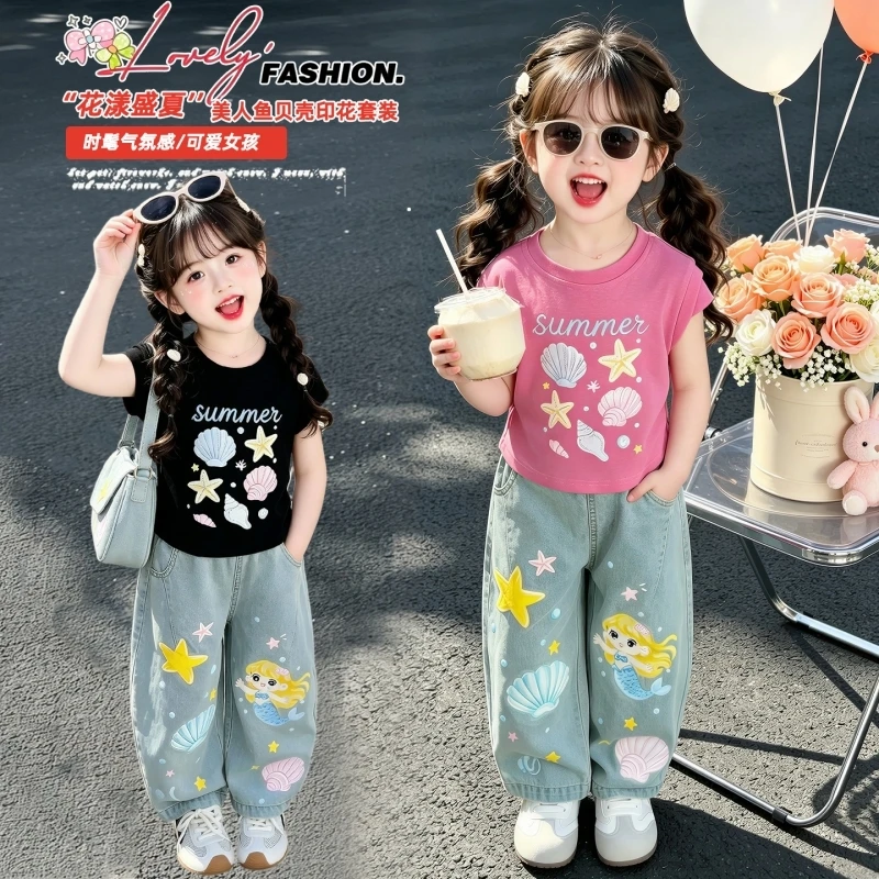 Toddler Girl Summer 2Pcs Outfit Ocean Print Sleeveless Top Denim Jogger Pants Kids Beach Casual Clothing Set