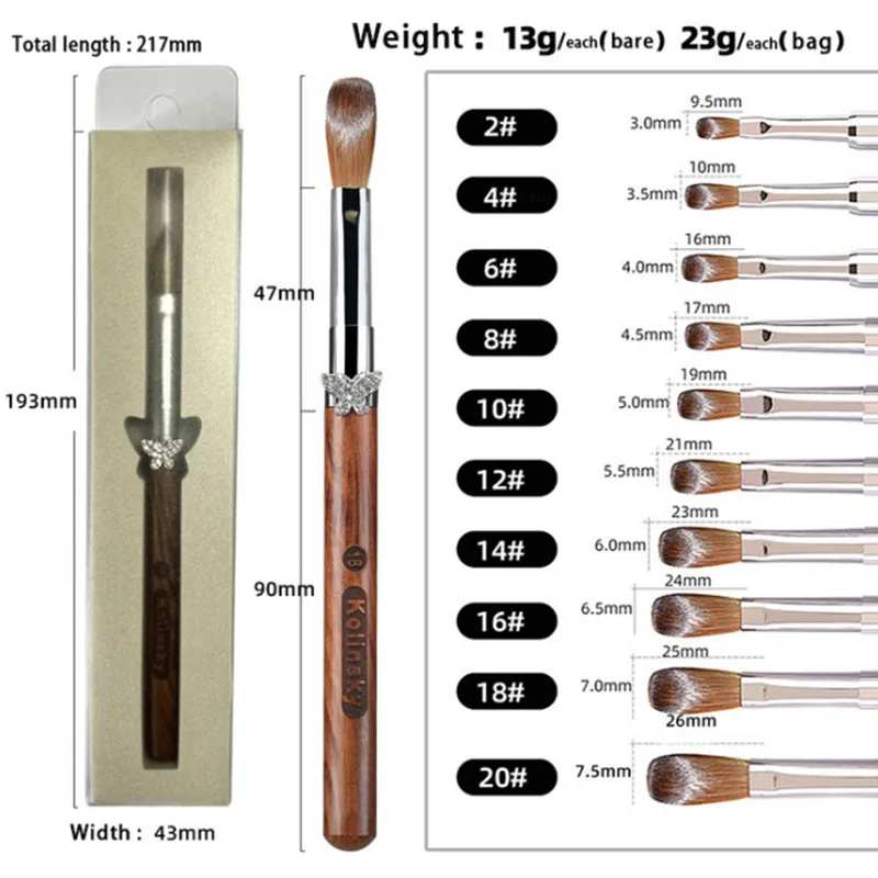 Kolinsky – brosse à ongles avec manche noir, 1 pièce, pour Nail Art, acrylique, Gel UV, stylo de sculpture, poudre liquide, bricolage, peinture des ongles, outils de dessin