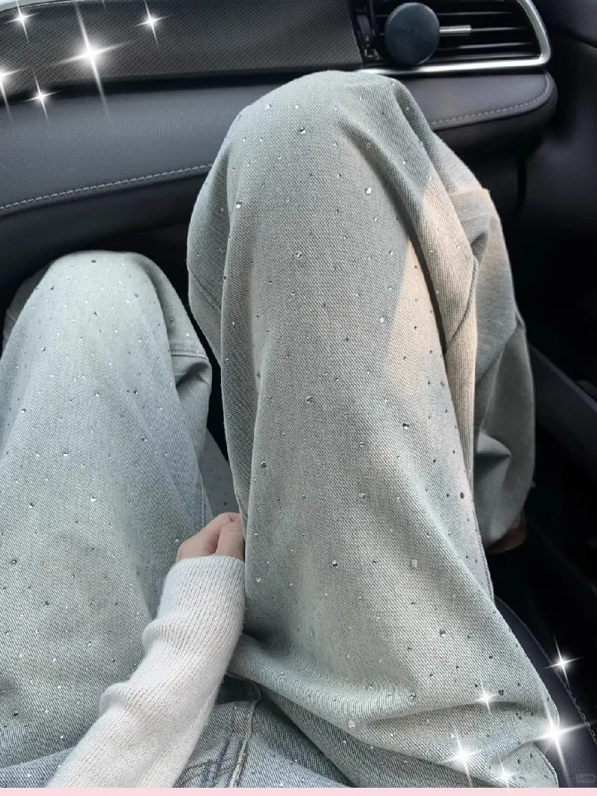 

Джинсы с высокой талией и широкими штанинами для женщин, светлые, с эффектом похудения, с блестящими стразами, прямого кроя, весенние, модные, повседневные, джинсовые брюки