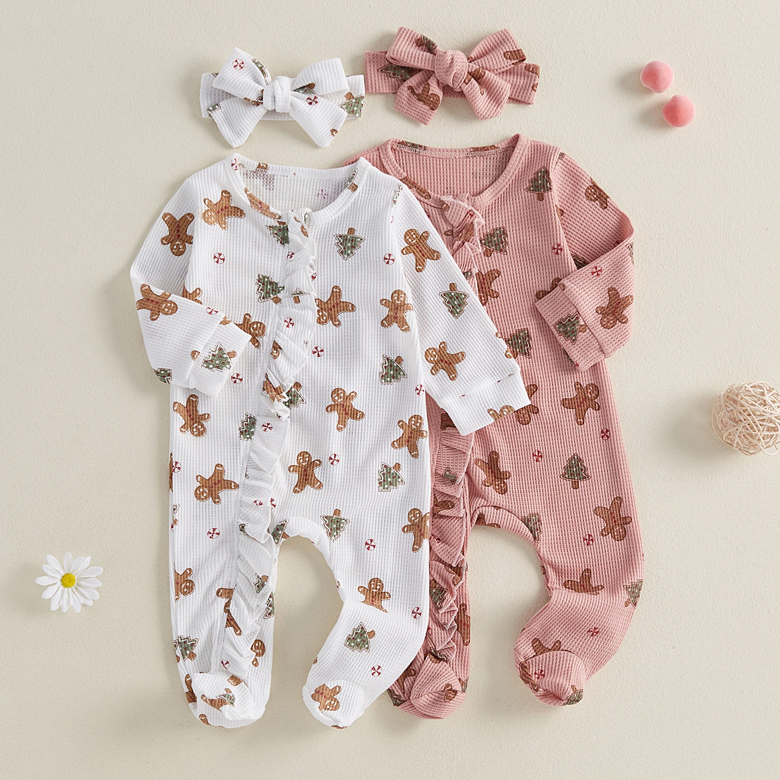 BeQeuewll Newborn Baby Girls Footies Christmas Kids Clothes Long Sleeve Gingerbread Print Ruffle Infant Romper with Headband