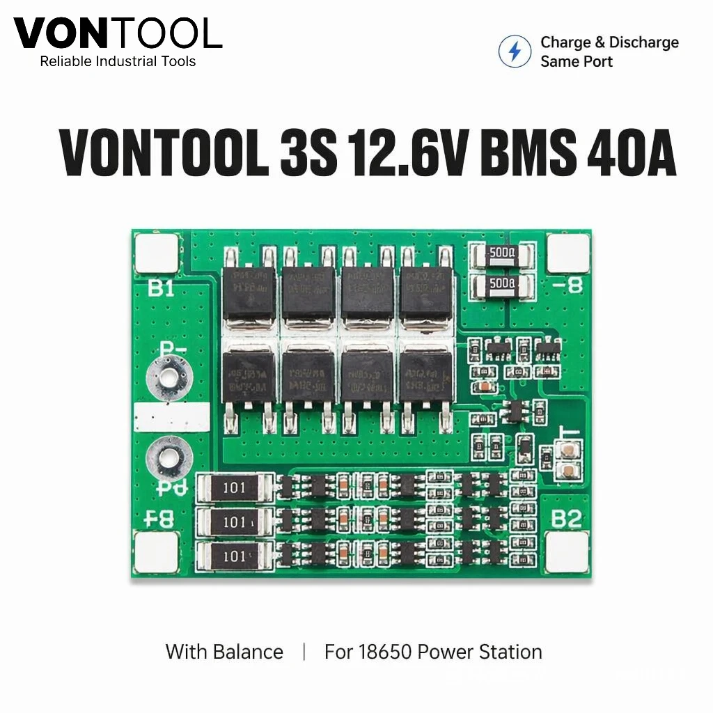 

VONTOOL 3S 12.6V 40A BMS Lithium Battery Protection Board With Balance for 18650 12V Portable Power Station