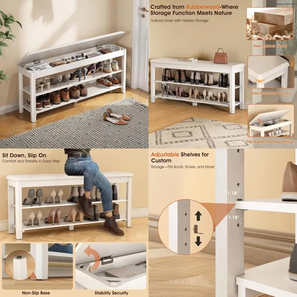 Mid-Century 2-Tier Rubberwood Shoe Storage Bench, 550lbs Capacity, Compact Design for Entryways and Halls