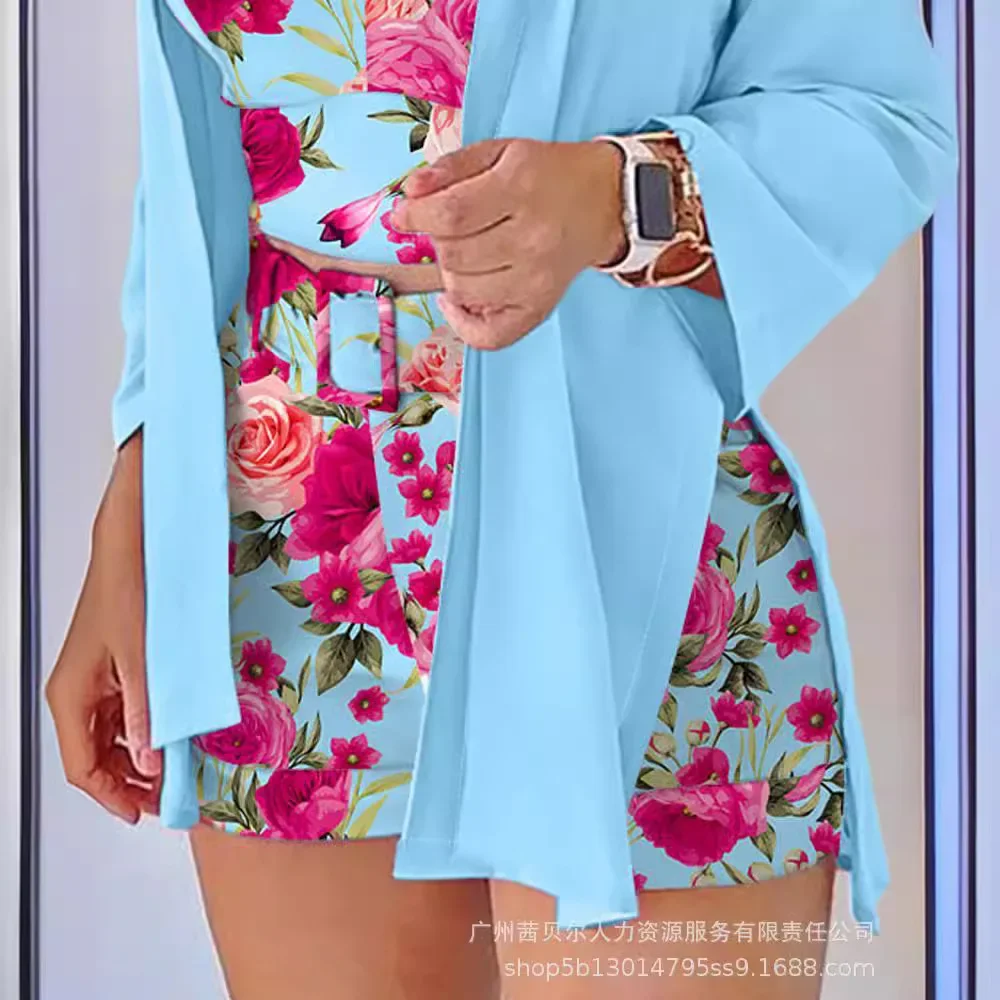 Spaghetti Strap Floral Print Top & Shorts Set With Coat Women Loose Open Cardigan High Waist Floral Shorts Pants Summer