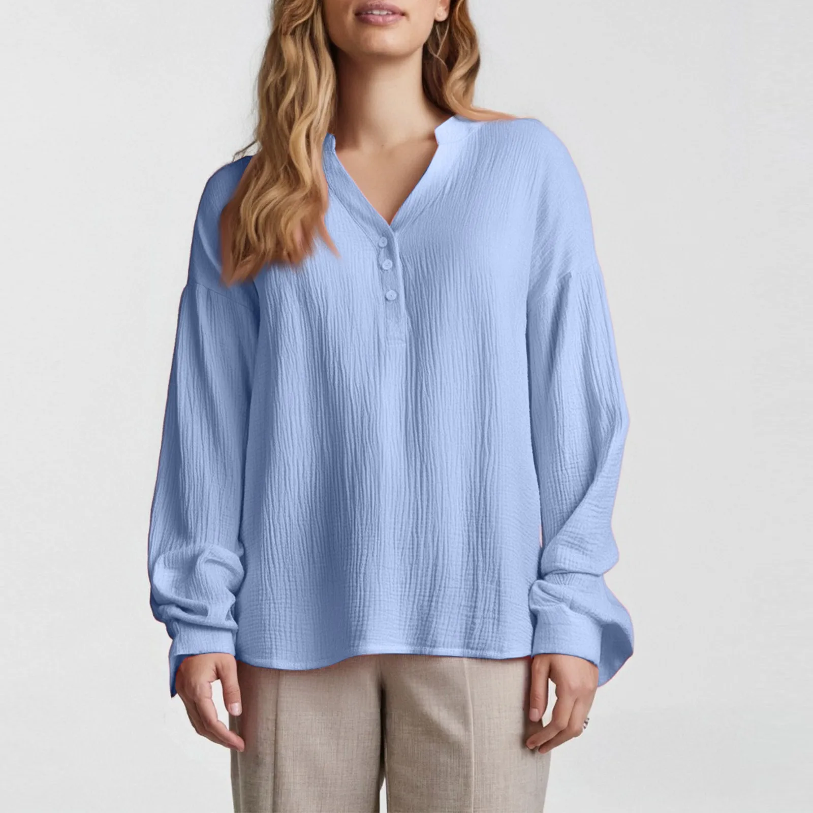 

2025 Summer Clothes Ladies Fashion Women'S Pleated Button Long Sleeve Solid Color Tops Women'S Shirt Pullover T Shirts For Woman