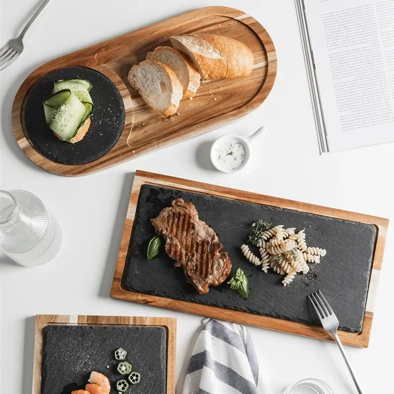 

New Solid Wood Snack Plate Wooden Tray Western-style Japanese Cuisine Black Slate Bread Plate Acacia Wooden Plate