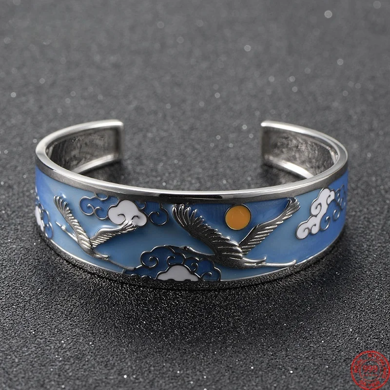 

S925 Sterling Silver Bracelets for Men Women Cloisonne Crane Dance Nine Heavens into the Clouds Bangle Jewelry Wholesale